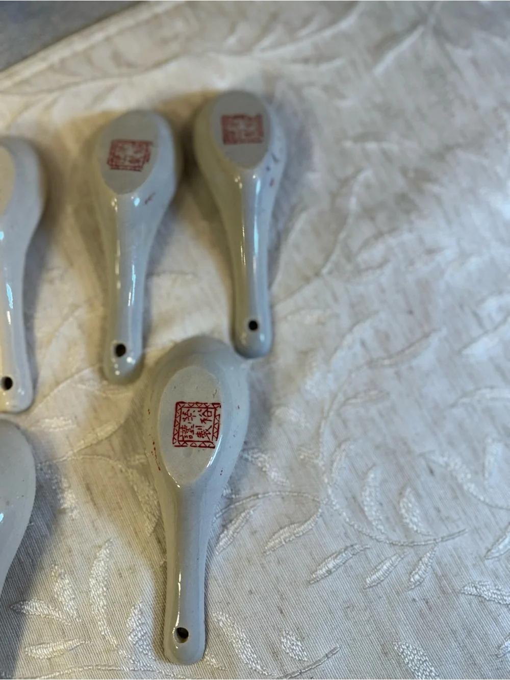 18Pc Vintage Double Happiness Porcelain Set: 11 Sauce Dishes, 7 Dumpling Spoons.